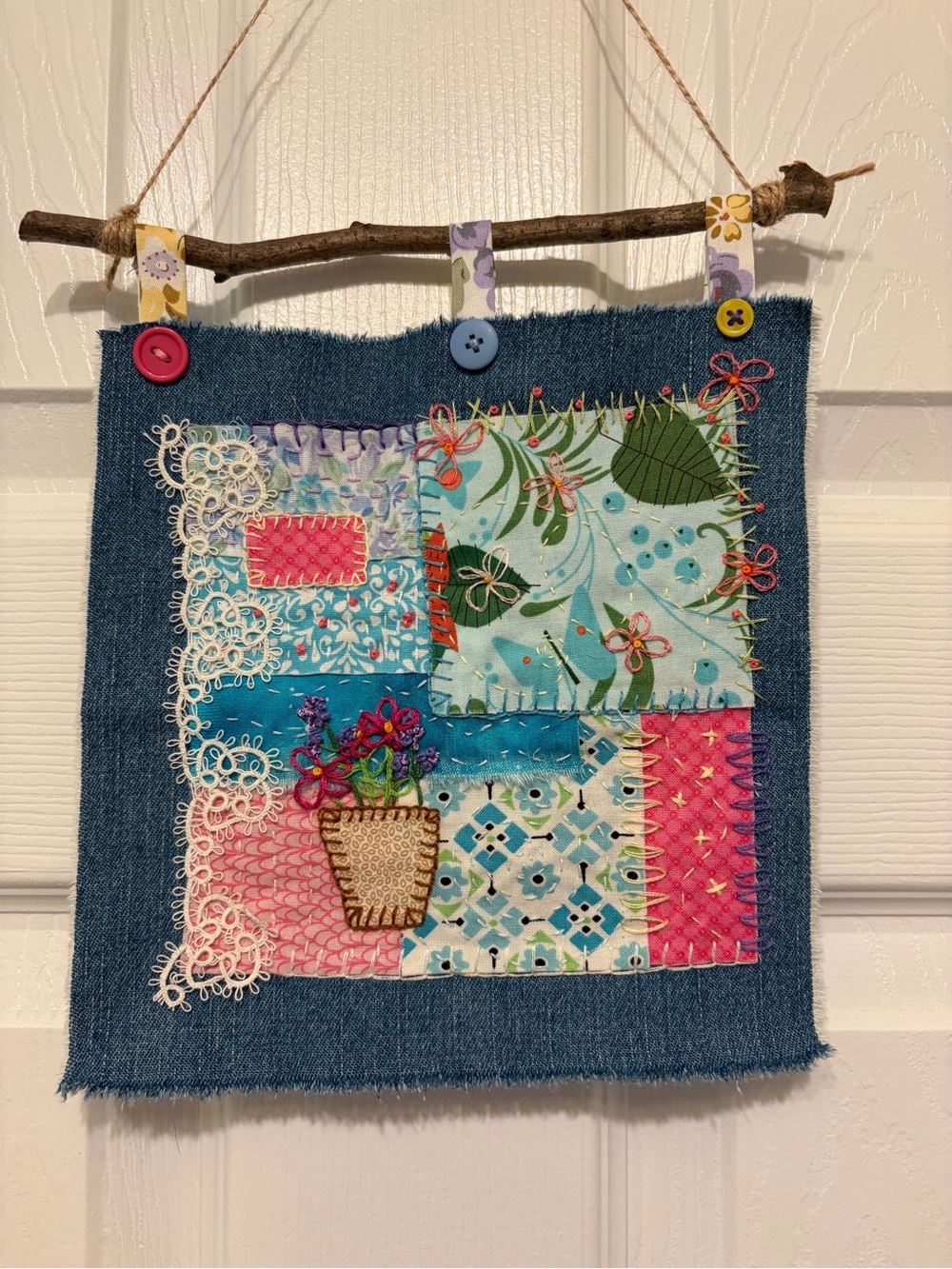 One Of A Kind Handmade Slow Stitch Textile Art Floral Denim Wall Hanging